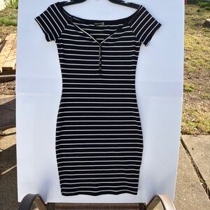 Popular 21 Navy Blue White Striped Ribbed Henley Off Shoulder Bodycon Dress M